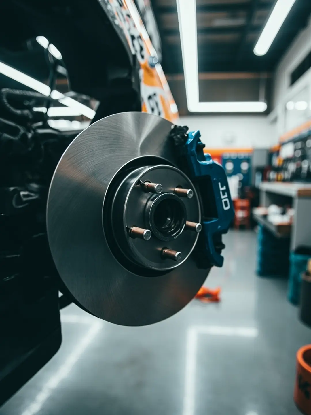 A brake disc and caliper on a car hub in a bright workshop, with a car and tool chests behind.