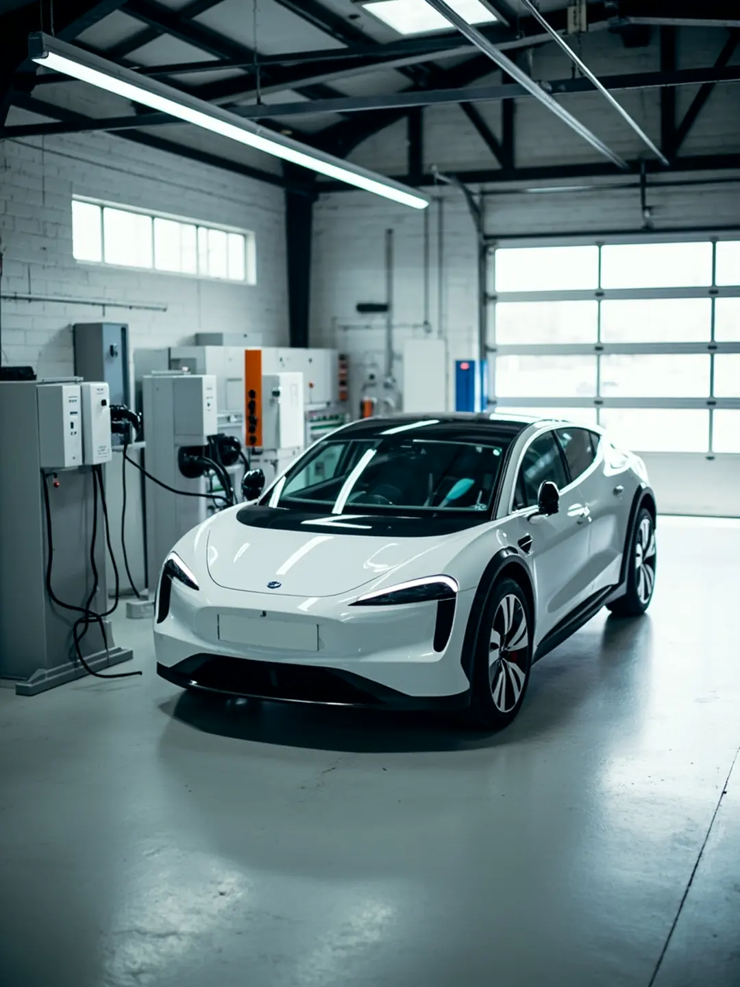 A white electric car in a bright workshop bay with its charging cable connected to a wall unit.