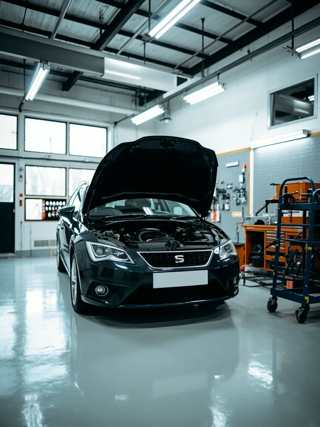 An estate car with its bonnet open in a bright workshop bay, a trolley of hand tools beside it.